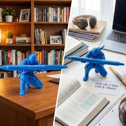 3D Printed Ninja Pen Holder - Cool Ninja Figurine Pen Stand, Decorative Desk Organizer for Office & Home (blue)