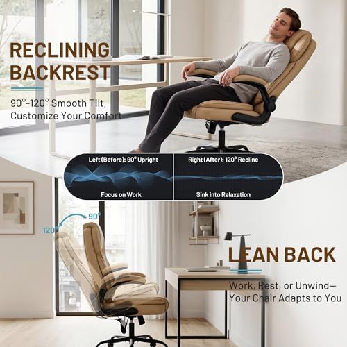 Ergonomic Office Chair, PU Leather High Back Executive Chair with Adjustable Inflatable Lumbar Support and Padded Flip-Up Arms, Recline Swivel Task Computer Chair for Home Office, Khaki