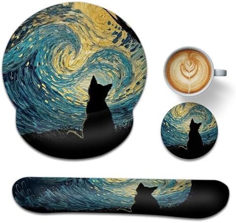 Starry Night Wrist Rest Support for Mouse Pad Keyboard Set, Cat Mouse Pad with Non Slip Rubber Base for Home and Office Typing Support