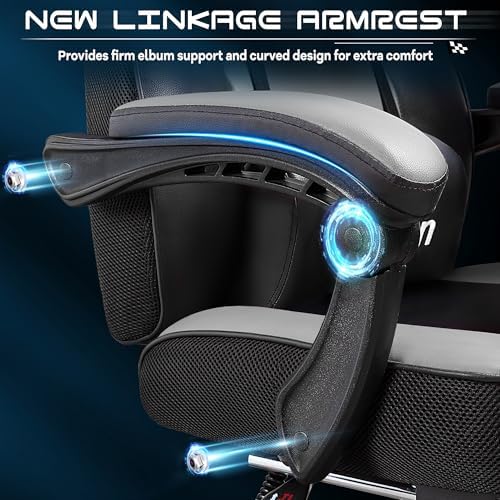 Gaming Chair for Adults, Grey Video Game Chair with Footrest, Big and Tall Gaming Chair Heavy Duty Computer Chair with Massage Lumbar, Ergonomic Adjustable Height and 360° Swivel, PU Leather, Grey
