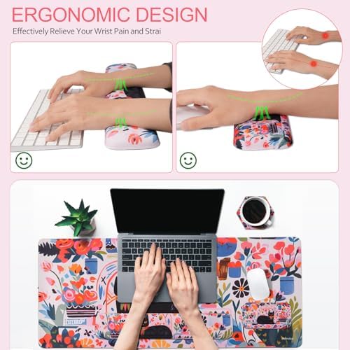 Petmolico 4-in-1 Wrist Rest Set with Desk Pad, Cat and Flowers