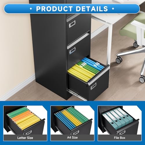 BYNSOE 4 Drawer File Cabinet with Lock Metal Vertical File Cabinet Office Home Vertical File Cabinet for A4 Legal/Letter Size Narrow File Cabinet Locked,Assembly Required