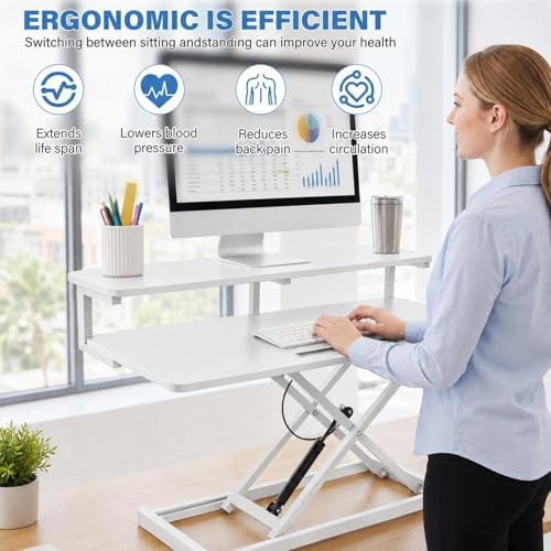 37" Height Adjustable Standing Desk Converter, 4.9" to18.5 Height Adjustable Sit Stand Up Desk Riser with Secondary Desks, Desktop Workstation Riser for Home Office Computer Laptop, White