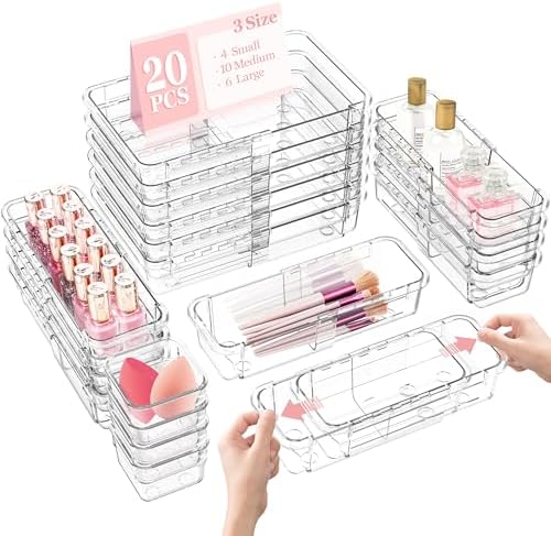 DILIBRA 20Pcs Clear Extendable Drawer Organizer, Adjustable Drawer Storage