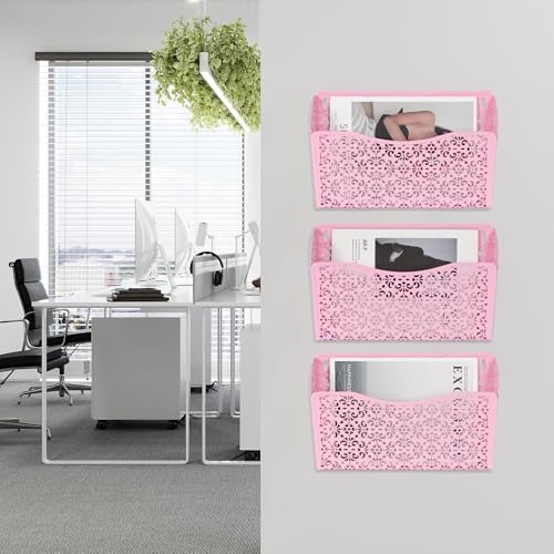 EasyPAG 3 Single Wall Mount File Organizer Vertical Metal Wall Pocket File Holder for Office, Home, School, Pink