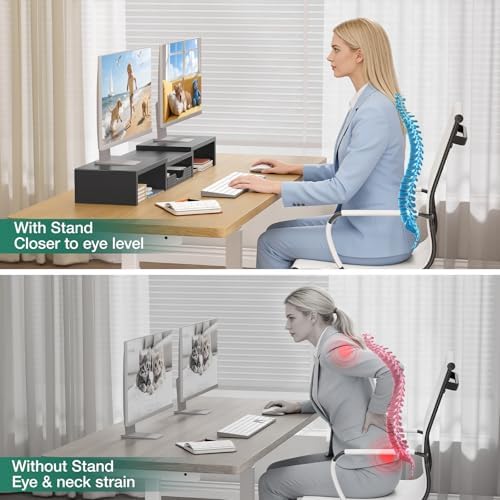 OPNICE Dual Computer Monitor Stand Riser, Desk Organizer with Drawer, Office Desk Accessories & Workspace Organizers for Home Office Supplies, Black