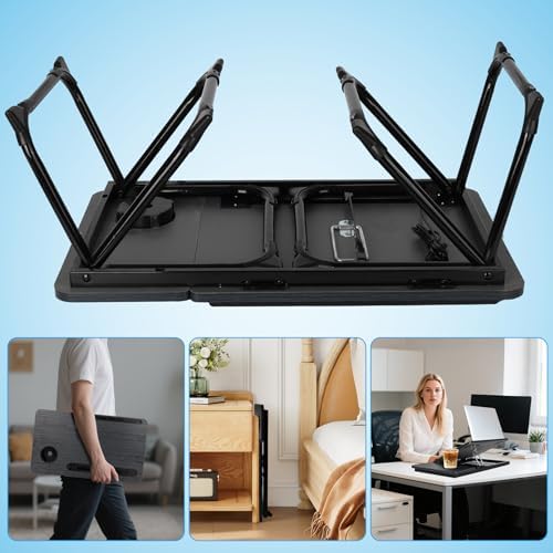Laptop Bed Desk, Adjustable Lap Desk, Small Laptop Table with USB Charge Port, Desktop Card &Pen Slot, Cup Holder, Foldable Bed Tray Table for Couch Sofa Chair Floor Eating Working