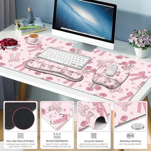 Pink Mouse Pad with Wrist Support 4 in1 Set, XXL Big Game Mousepad + Keyboard Wrist Rest + Mouse Wrist Rest Pad +Coaster Gaming Mat for Home Office Work Computer Laptop PC I Sweet Rose & Heart Bow