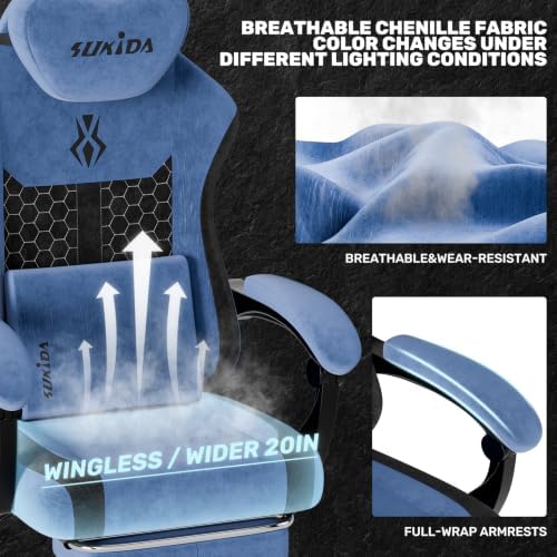 SUKIDA Fabric Video Gaming Chair, Ergonomic High-Back Computer Game Chairs with Large Massage Adjustable Lumbar Support, Headrest and Linked Armrests for Long Hours Sitting Task Chair, Black Blue