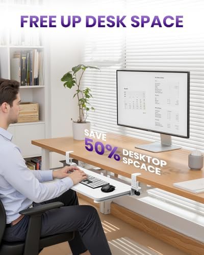 Ergonomic Keyboard Tray Under Desk, 25.6x11.8 Inch Board, White