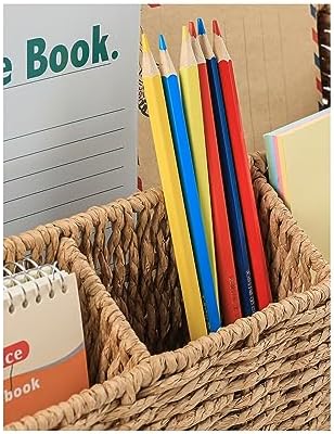 DINGTAI Rattan Desk Organizer, Tabletop Mail Holder, 5 Slot Mail Organizer Countertop Basket, Rattan Office Supplies, Boho Office Desk Accessories, Wicker Desk Organizer, Magazine Holder（Wicker）