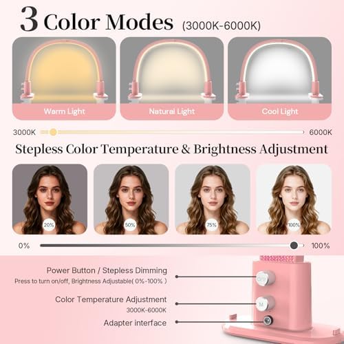 BLUVALL Half Moon Nail Lamp for Desk Portable Nail Desk Lamp with Phone Holder, Stepless Adjustment of Brightness and Color Temperature Desk Lamp for Nail Tech, Eyelash, Tattoo, Makeup (Pink)