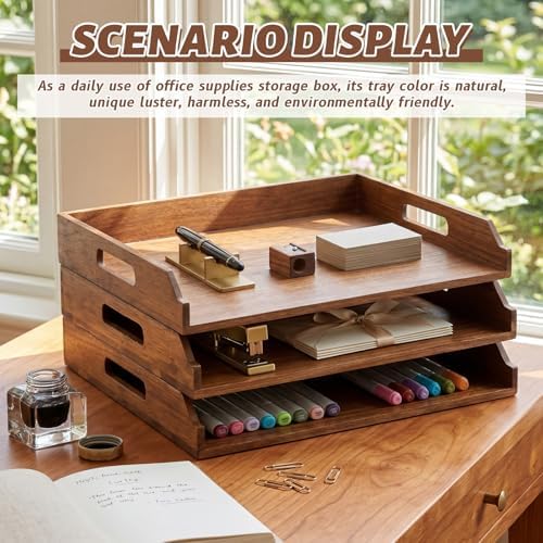 AceOrbit 3 Pcs Stackable Paper Tray Acacia Wood Desk Organizer Letter Tray