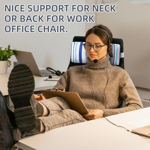 Headrest Pillow for Patio Chaise Lounge Chair, 2 Pcs Outdoor Chaise Pillows with Adjustable Elastic Stripe Head Resting Pillows for Recliner Office Chair, Blue White Stripe