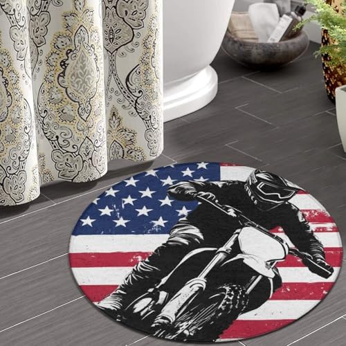 Soft Round Yoga Carpet, Office Chair Decor Round Mat for Carpet and Hardwood Floors Dirt Bike Motocross American Flag