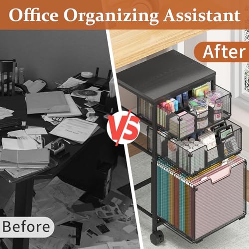 Sbanmao Rolling File Cart with 3 Drawers, File Cabinet with DIY Divider, Hanging Folder Holder Organizer with Wheels, Under Desk Storage Utility Cart, Printer Stand for Home Office, Black