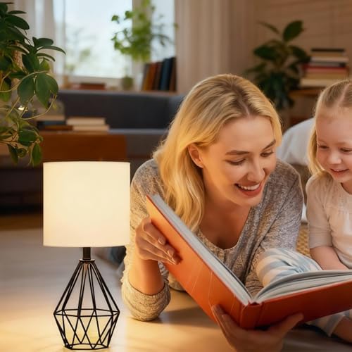Small Table Lamp Set of 2 Black, Bedside Lamps with White Fabric Shade, Cute Desk Lamp with Metal Cage & Linen Lampshade, Modern Nightstand Lamp for Bedroom, Living Room, Kids Room, Office
