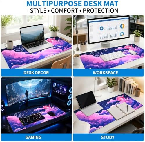 Extended Cute Kawaii Desk Mat, XXL Large Gaming Mouse Pad, Pink Galaxy Cloud Moon Stitched Edges Waterproof with Non-Slip Rubber Base for Computer Keyboard Laptop Work Home Office 35.4"x15.7"
