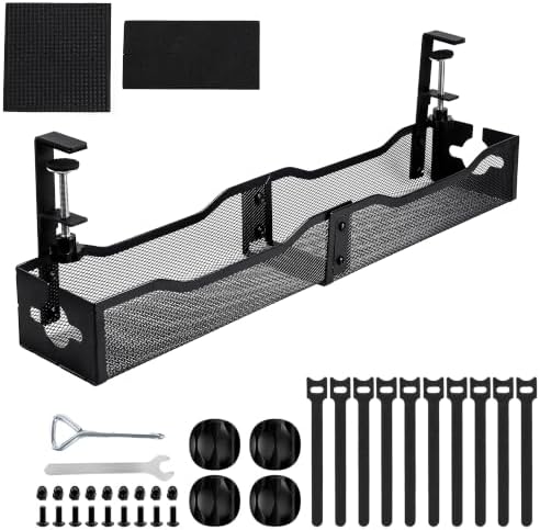 Under Desk Cable Management Tray - 25" No Drill Under Desk Cord Management with Clamp, Metal Desk Cable Organizer & Wire Management Tray for Standing Desk, Home Office Cord Organizer, Black