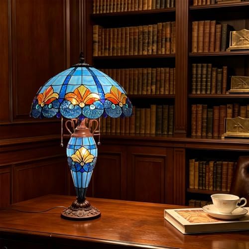 Tiffany Lamp 3-Lights Blue Stained Glass Table Lamp for Living Room