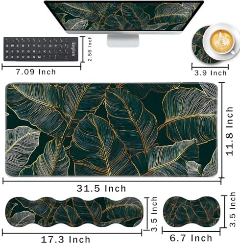 Keyboard Wrist Rest and Mouse Pad with Wrist Support Set Ergonomic Coaster,Memory Foam,Easy Typing Pain Relief,Large XL Desk Mat 31.5"x 11.8",Tropical Leaves