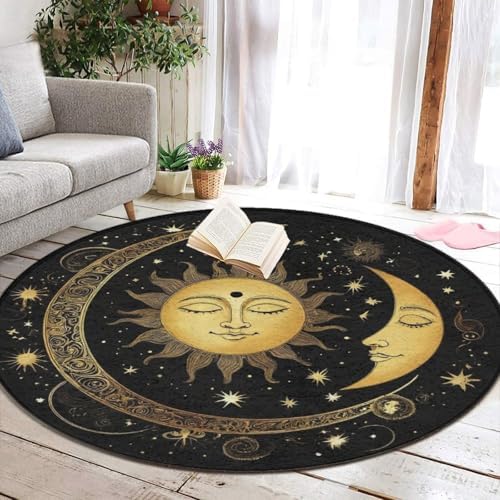 Large Home Decor Mat, Soft Round Yoga Carpet, Non-Slip Machine Washable Home Office Circle Rug Compatible with Boho Gold Sun Crescent Moon Star