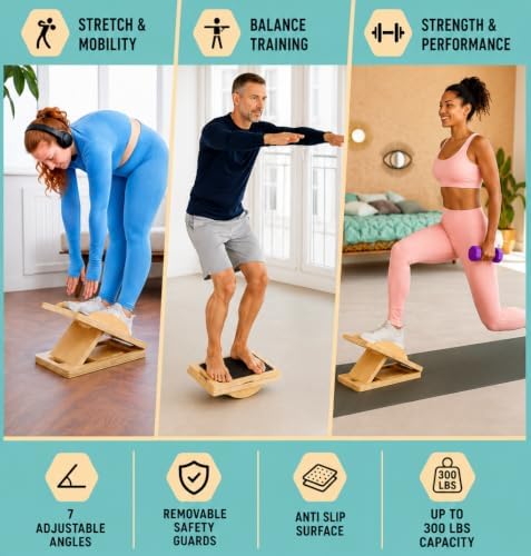Slant Boards for Exercise, Wooden Slant Board, Calf Stretch Board with 7 Incline Angles, Velour Board, Balance Board & Calf Stretcher, Portable Incline Board for Physical Therapy, Ankle Mobility, Heel & Knees