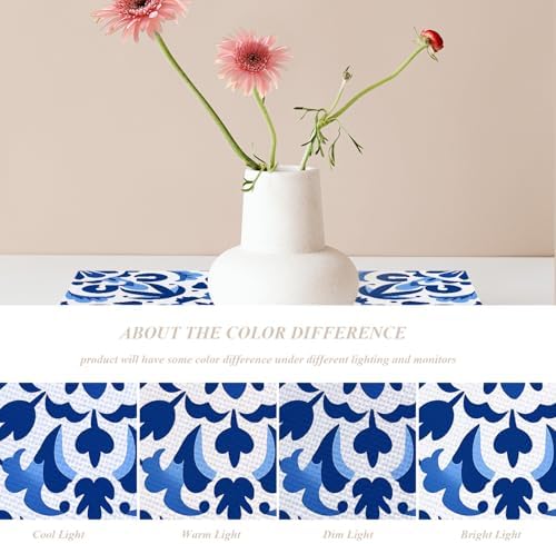 Shrahala Blue White Set of 4 12 X 18 Inch Linen Placemats, Delicate Floral Burlap Table Mat Washable Double Layered Heat Insulation for Indoor/Outdoor