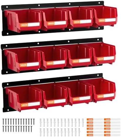 VEVOR Wall Mounted Storage Bins, 12 Plastic Bins & 3 Metal Rails, Plastic Hanging Stackable Storage Bin for Screws, Nuts, Bolts, Nails, Hardware Tool Organizer for Workshop, Craft Room, Garage, Red