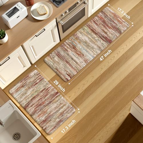 KIMODE Anti Fatigue Kitchen Mats,Farmhouse Kitchen Rugs Sets of 2 Red Brown