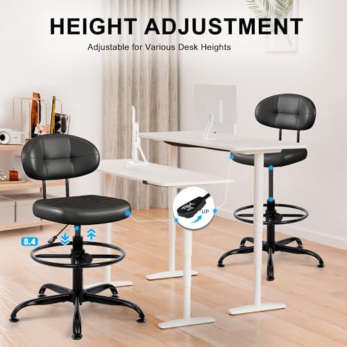 Misolant Armless Drafting Chair, Tall Office Chair no Wheels with Footrest Ring for Standing Desk, Small Faux Leather Executive Chair with Adjustable Height for Bar Counter Desk Black
