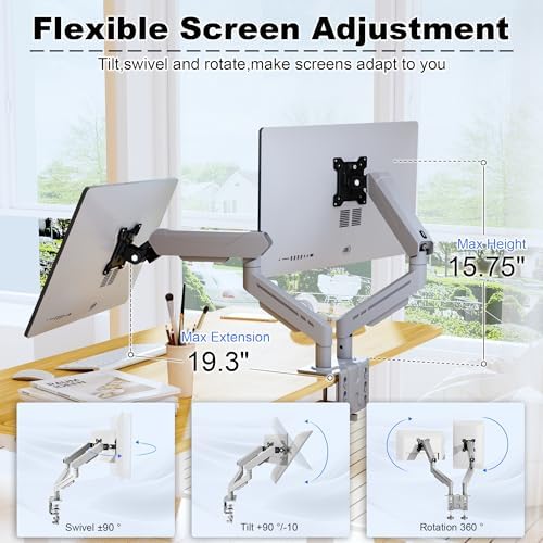 THEARK Dual Monitor Stand for Desk - Dual Monitor Mount for 17-32 Inch Screens,Height Adjustable Dual Monitor Arm Desk Mount with Clamp and Grommet Base,75x75/100x100mm VESA Mount,Max 19.8 lbs,Silver