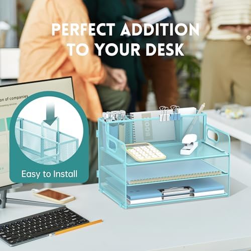 3-Tier Desk Organizer with Pen Holder and Handles, Paper Organizer, Blue