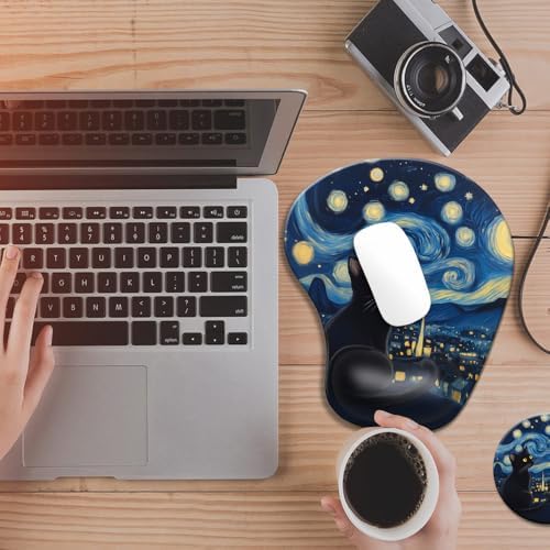 Ergonomic Mouse Pad with Wrist Rest,Comfortable Computer Gel Mouse Pad Wrist Support for Laptop,Pain Relief Mousepad with Non-Slip PU Base Starry Night Black Cat