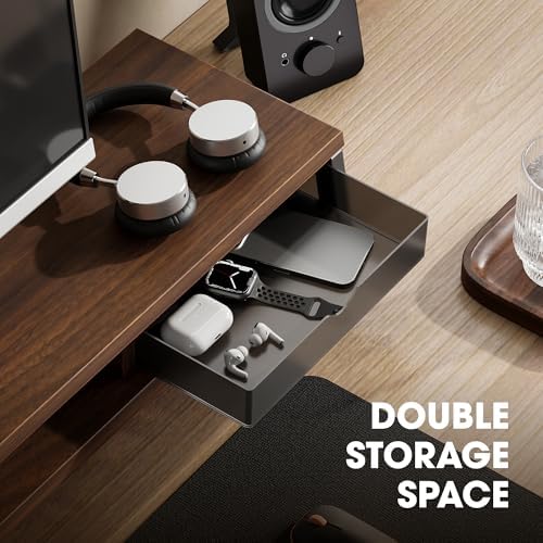 Fenge Dual Monitor Stand Riser, 42.5in Desk Shelf with 2 Drawers, Brown