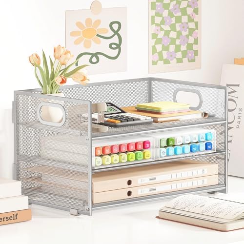 Subekyu 3 Tier Paper Desk Organizer with Handle and 1 PC Slideable Letter Tray, A4 Paper File Folder Sorter Metal Mesh Organizer for Home Office School Desk Supplies Organization Storage, Silver