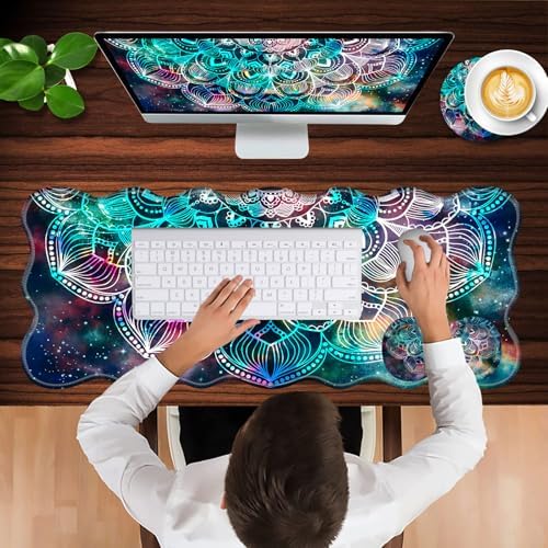 Mouse Pad with Wrist Support + Desk Mat + Coaster 3 in 1 Set, XL Large Gaming Mousepad Ergonomic Mouse Pads for Desk Computer Laptop Office,Mandala in Galaxy