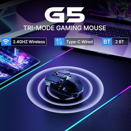 EWEADN G5 Tri-Mode Wireless Gaming Mouse, 12800 DPI Programmable Ergonomic Mouse with Metal Base for Stability, 500mAh Rechargeable, 8 Macro Buttons, Rapid Fire Key, RGB Backlit for FPS PC Mac - Black