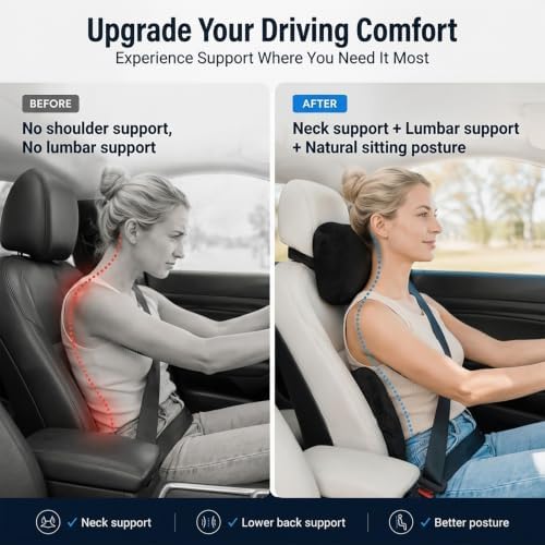 2 PCS Car Pillow for Driving Seat Soft Suede Headrest Neck & Lumbar Support