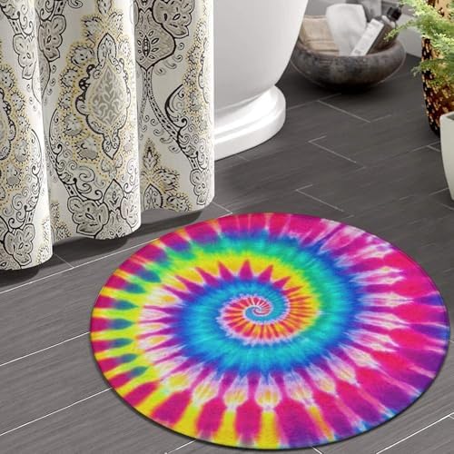 Fashion Round Area Rug Large Non Slip Carpet, Red Blue Yellow Spiral Tie Dye Rainbow Unisex Home Decor Mat