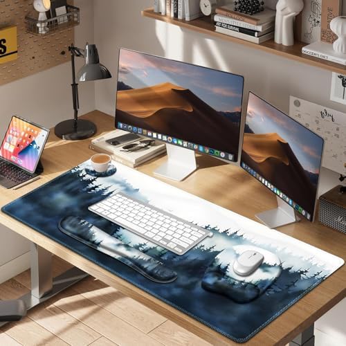 Large Mouse Pad, Keyboard Wrist Rest Set, Ergonomic Mouse Pad with Wrist Support, Desk Mat with Stitched Edges + Coaster, Extended Desk Pad Waterproof Desk Mat for Home Office Game I Misty Forest