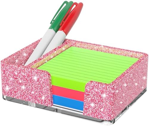 Sticky Note Holder with Pen Slot, Glitter Pink Acrylic Notepad Holder 3x3 in Self-Stick Note Dispenser Office Desk Accessories, Memo Pad Holder Organizer for Classroom School Supplies