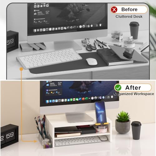 TEAMIX 2-Tier White Monitor Stand Riser with Phone Holder&Clear Pen Holder