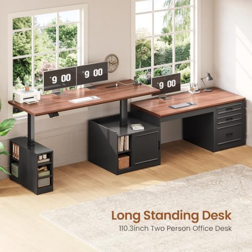SEDETA Farmhouse L Shaped Standing Desk with Storage, Black+Brown