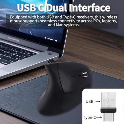 Ergonomic Vertical Wireless Mouse - USB C Dual Interface, Multi-Device Compatible, Reduces Hand Fatigue for PCs and Laptops, for Friends and Family (Black)
