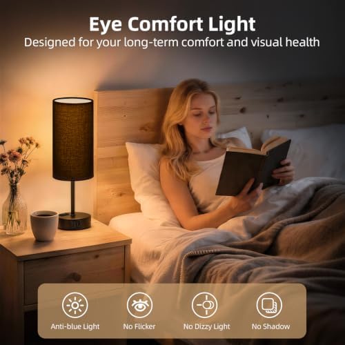 Bedside Table Lamp, Dimmable Touch, AC Outlet, USB A+C (Black)