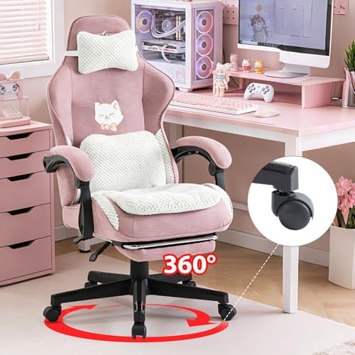 Rose Cute Cat Gaming Chair, Office Desk Chairs with Footrest and Headrest & Armrests for Women, Ergonomic High Back Computer Desk with Headrest & Lumbar