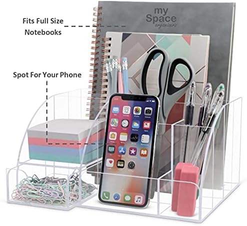 My Space Organizers Clear Acrylic Desk Oganizer, 9 Compartments, Office Supplies and Desk Accessories Organizer, Home Decor Desktop Organizer (Clear)