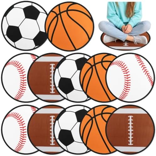 12Pcs Sports Themed Carpet Circle Seats 16x16 Inch Round Classroom Rug Baseball Basketball Football Rugby Soft Non-Slip Washable Floor Cushions Ball Sports Fluffy Mat for Back to School Home Supplies