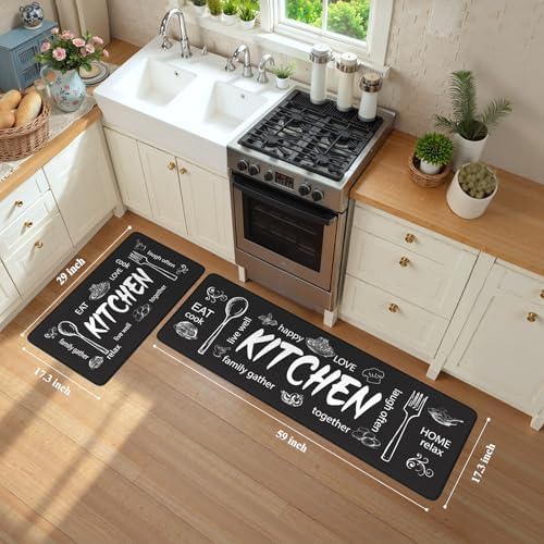 KIMODE Anti Fatigue Kitchen Mats,Black Farmhouse Kitchen Rugs Sets of 2